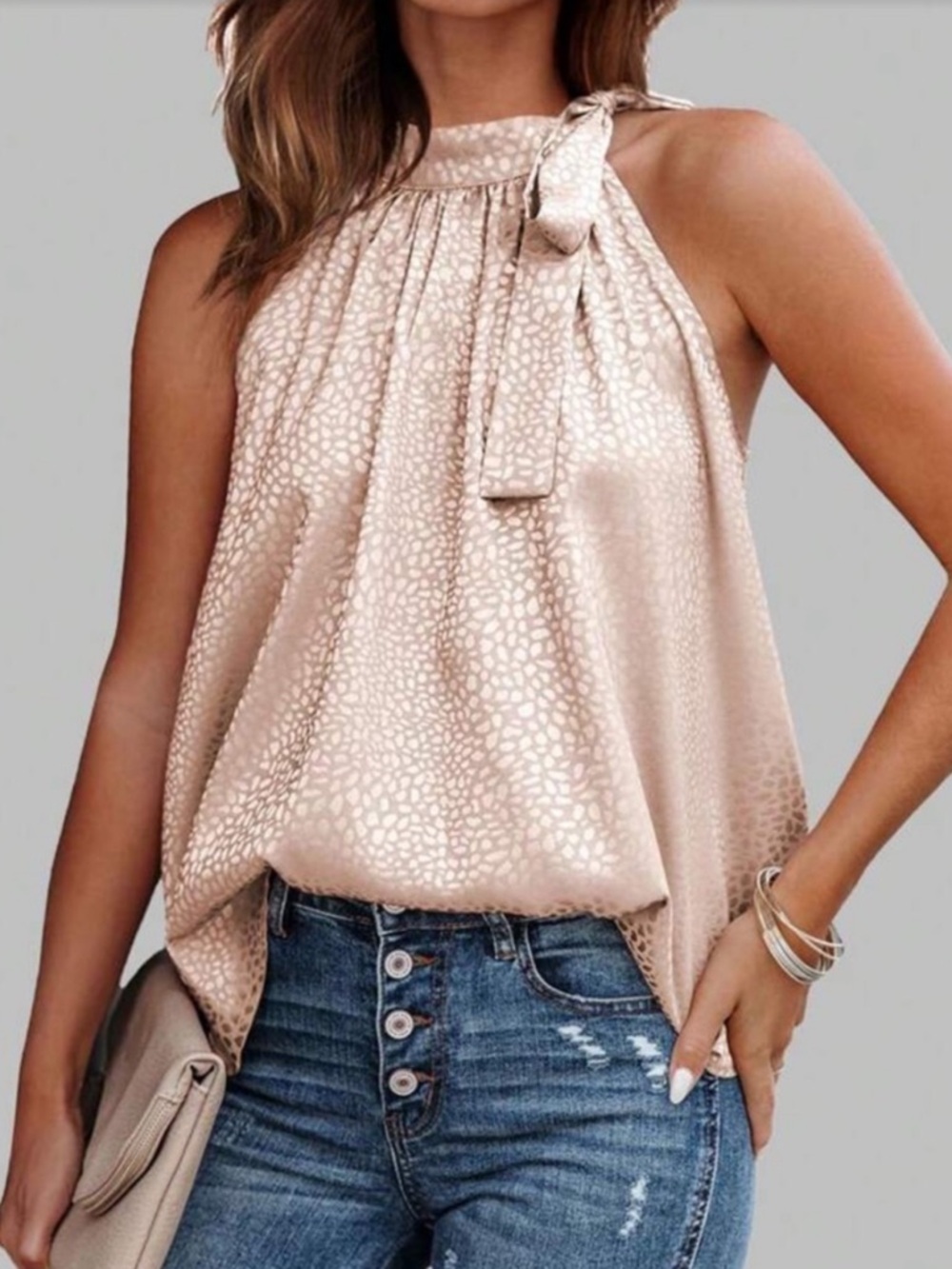 Women’s Apricot Halter Tie-Neck Satin Top